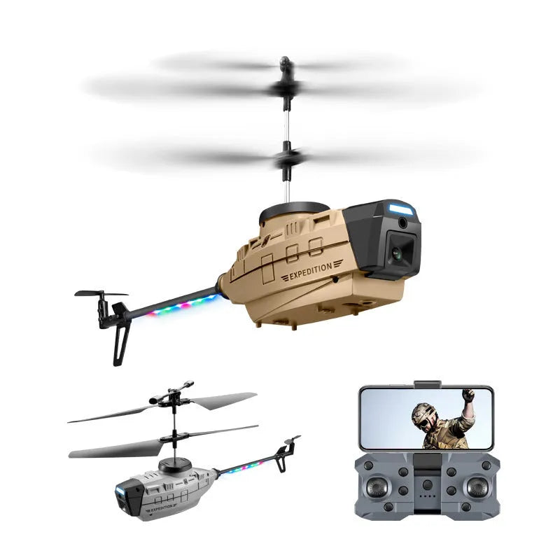 Gray Heifeng obstacle avoidance helicopter drone with coloured lights and landing gear deployed