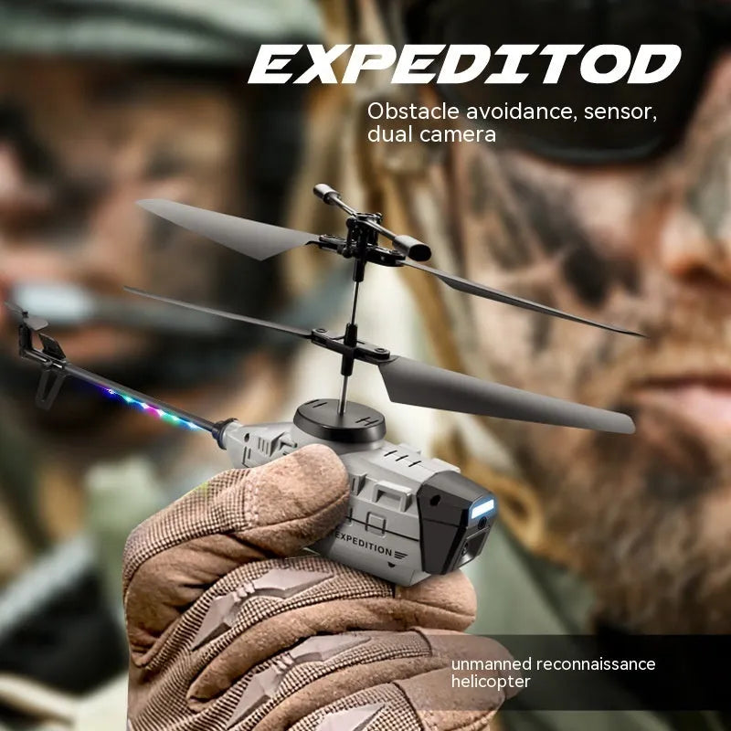 Gray Heifeng obstacle avoidance helicopter drone with coloured lights and landing gear deployed