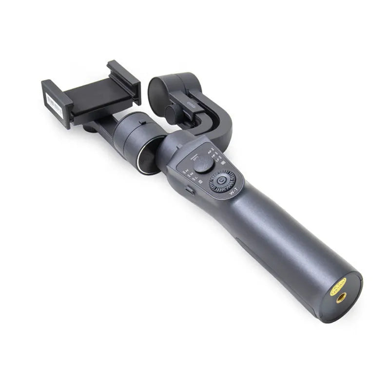 Black three-axis handheld gimbal stabiliser for mobile phones with hard case, soft case, and tripod.