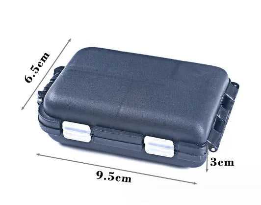 Black plastic fishing tackle storage box with 10 compartments showing organised fishing hooks and lures
