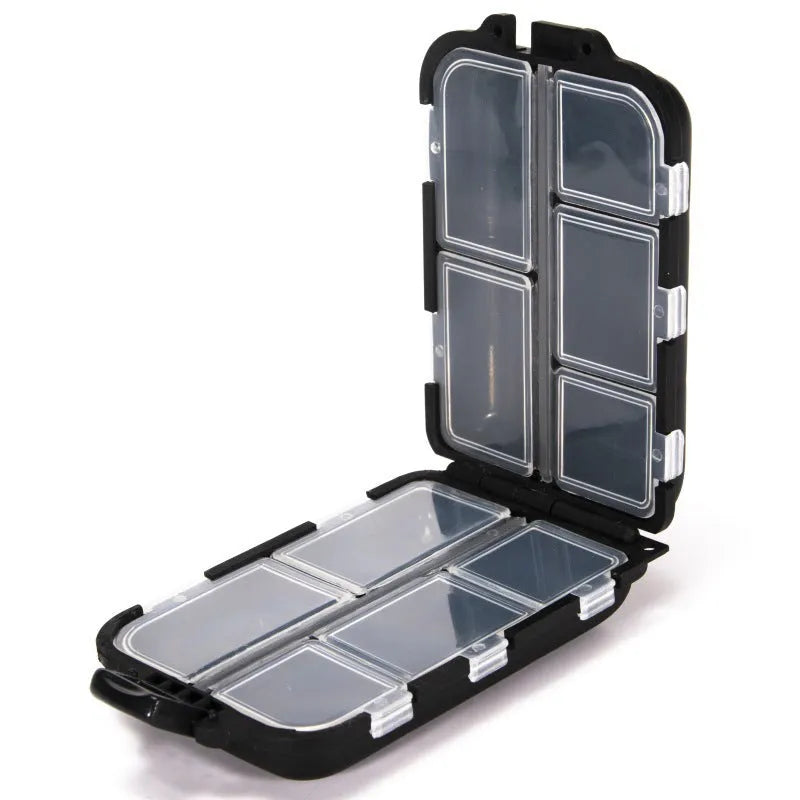 Black plastic fishing tackle storage box with 10 compartments showing organised fishing hooks and lures
