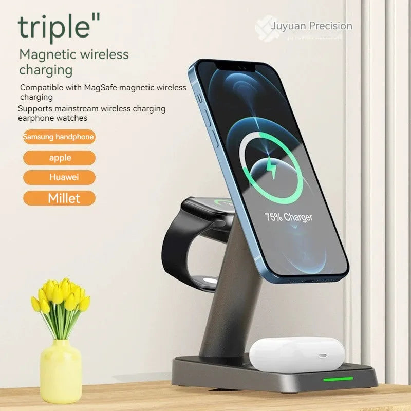 Black minimalist wireless charging station with smartphone charging surface and integrated smartwatch dock