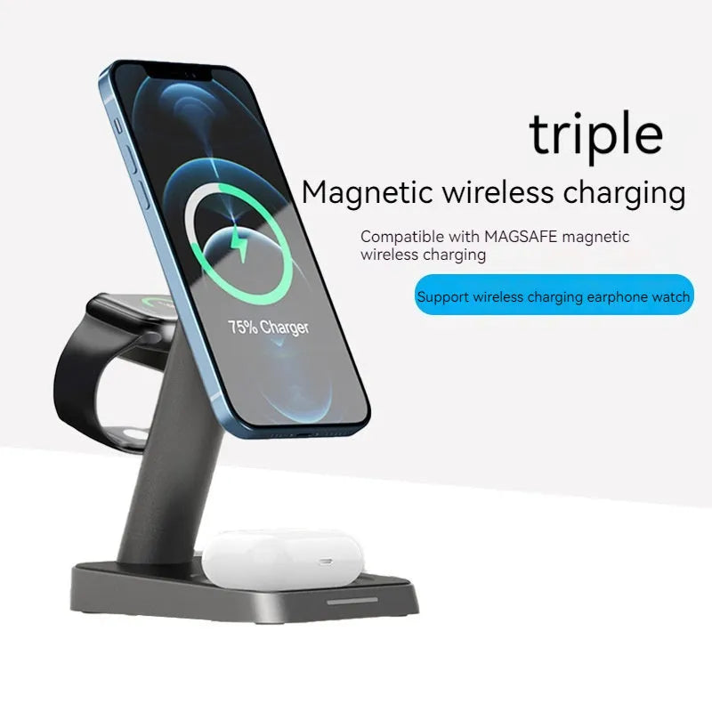 Black minimalist wireless charging station with smartphone charging surface and integrated smartwatch dock