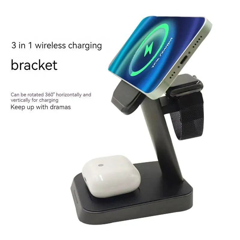 Black minimalist wireless charging station with smartphone charging surface and integrated smartwatch dock