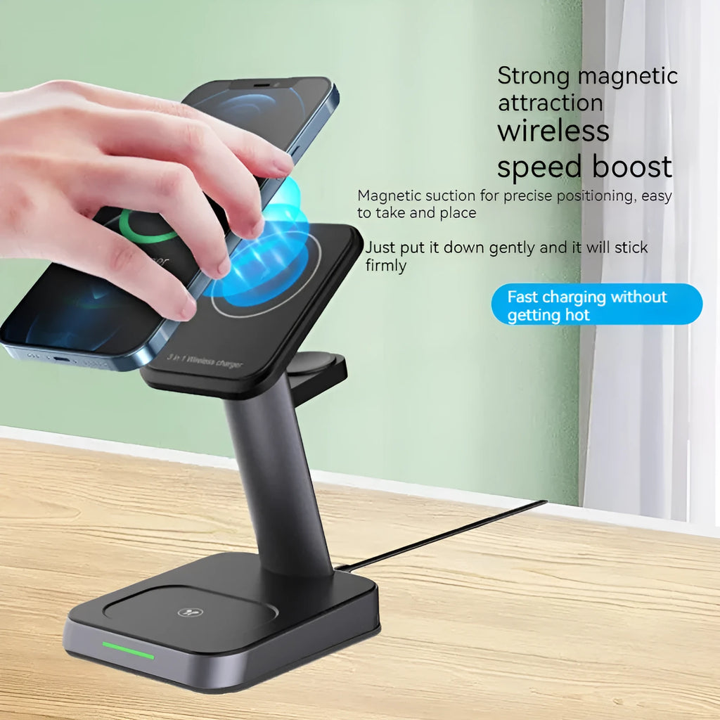 Black minimalist wireless charging station with smartphone charging surface and integrated smartwatch dock