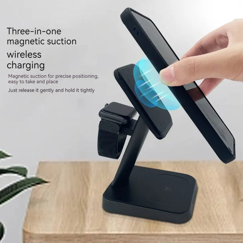 Black minimalist wireless charging station with smartphone charging surface and integrated smartwatch dock