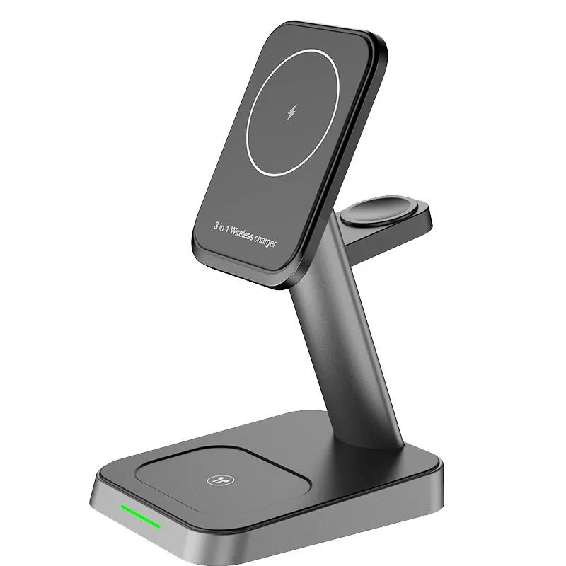 Black minimalist wireless charging station with smartphone charging surface and integrated smartwatch dock