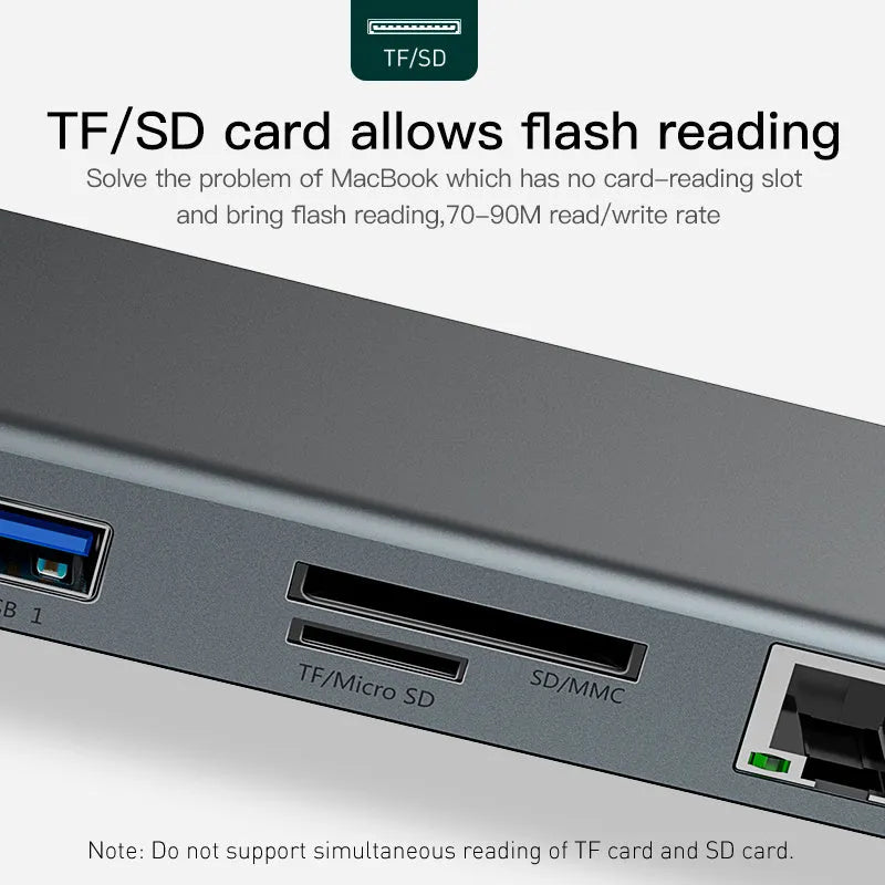 Grey aluminium alloy laptop docking station cooling bracket with ten-port connectivity hub.
