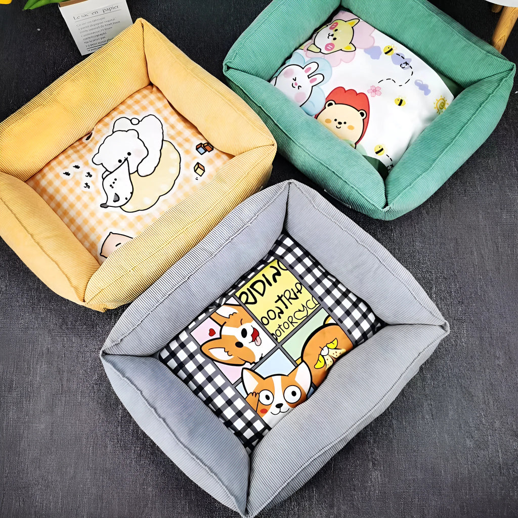Light blue cotton winter dog nest bed with soft padded interior, shown empty on a wooden floor.