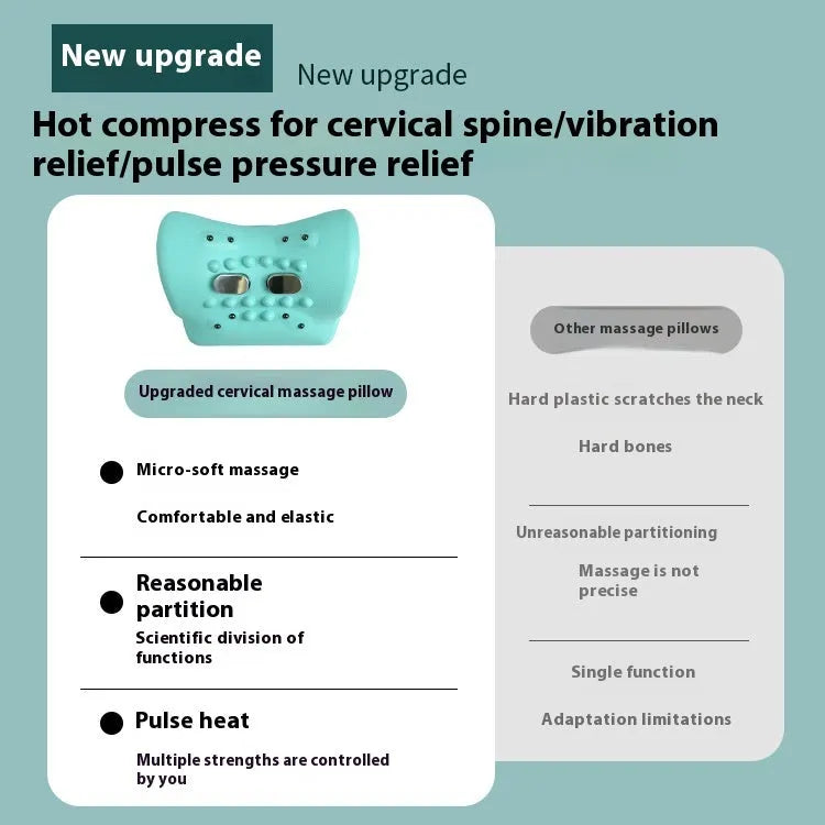 Blue-green cervical spine massage pillow showing compact 17cm design with EMS and hot compress functions