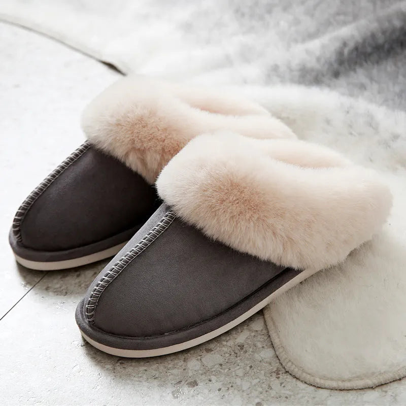 Cotton slippers with suede upper and artificial wool lining in beige, round toe, non-slip sole for home use