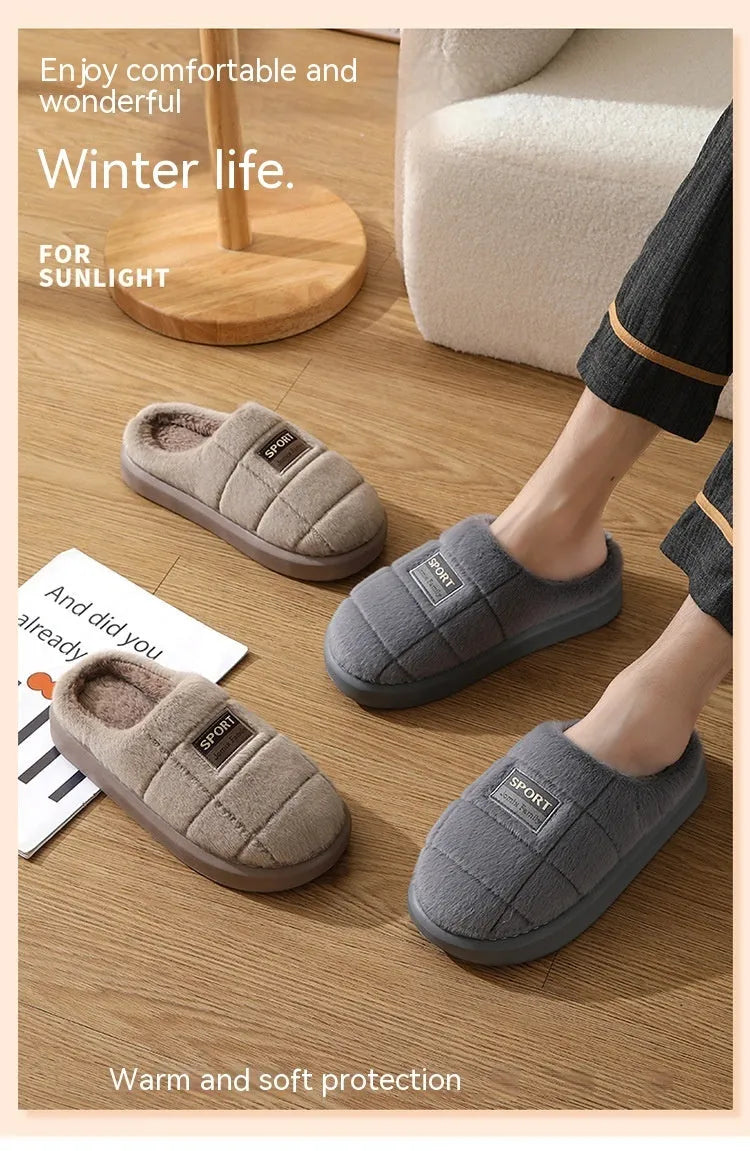 Men's plaid pattern rabbit hair winter slippers with thick EVA sole shown in grey colour