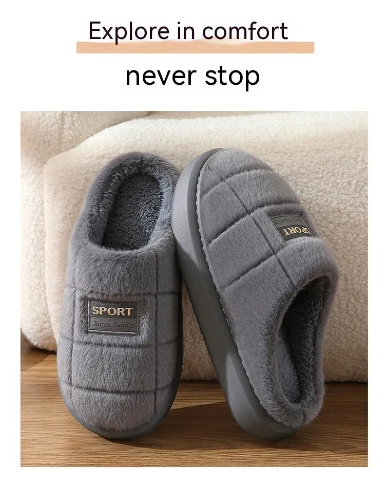 Men's plaid pattern rabbit hair winter slippers with thick EVA sole shown in grey colour