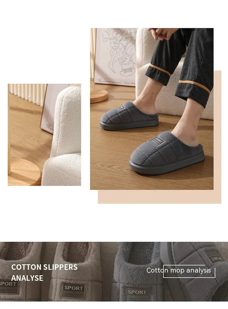 Men's plaid pattern rabbit hair winter slippers with thick EVA sole shown in grey colour