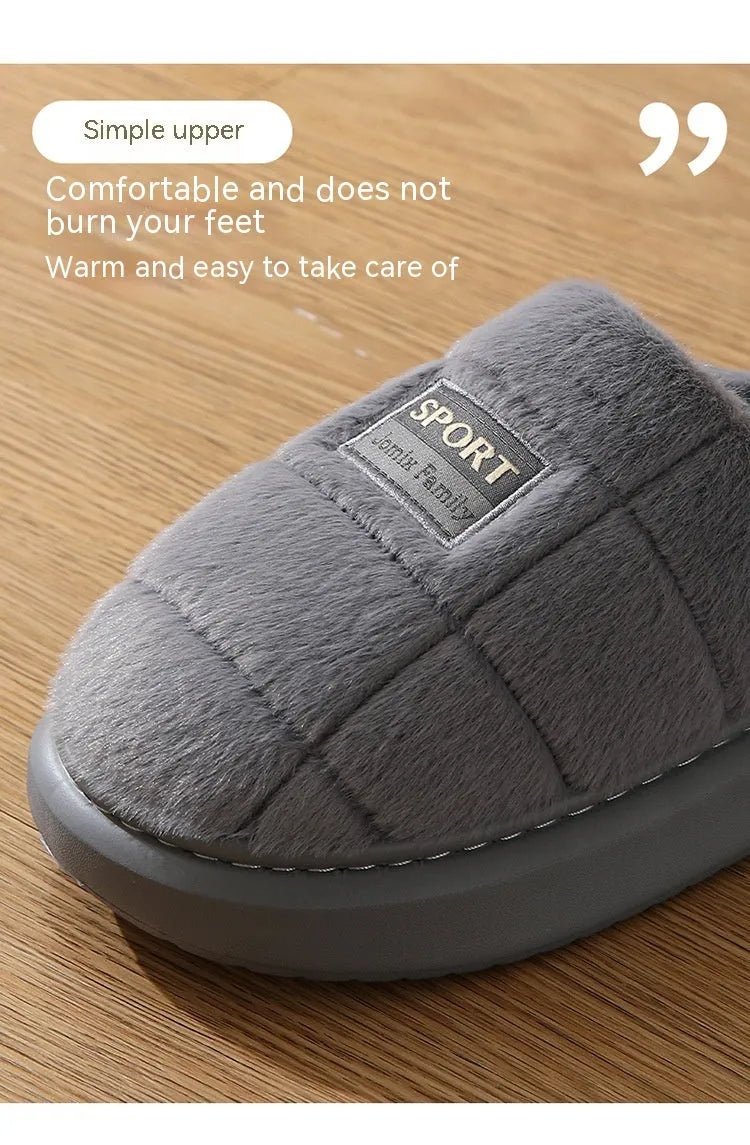 Men's plaid pattern rabbit hair winter slippers with thick EVA sole shown in grey colour