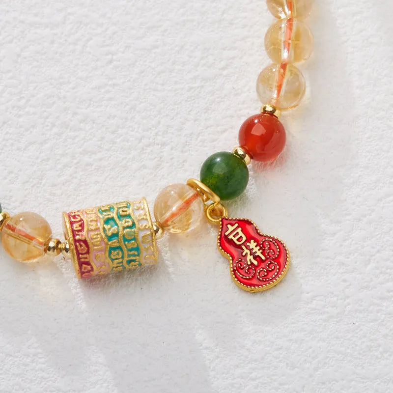 Hand-woven citrine five sutra bracelet with 6mm crystal stones in geometric Buddhist design