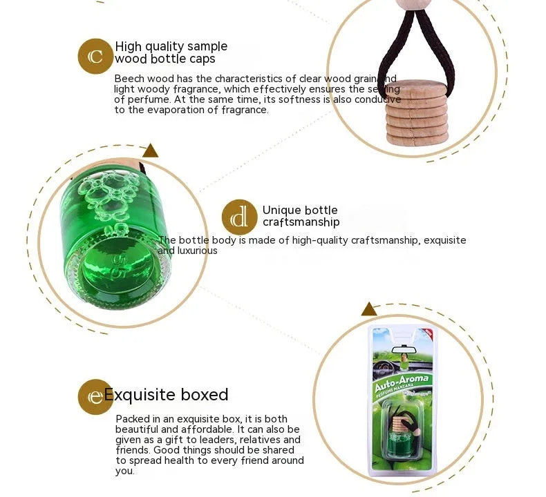 Car air freshener glass bottle hanging ornament with 55g net content, available in six scents including lavender and lemon