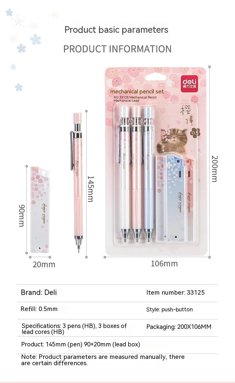 0.5mm automatic pencil set with Sakura cartoon design showing three pens and three HB refill boxes