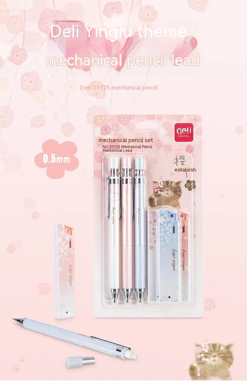 0.5mm automatic pencil set with Sakura cartoon design showing three pens and three HB refill boxes