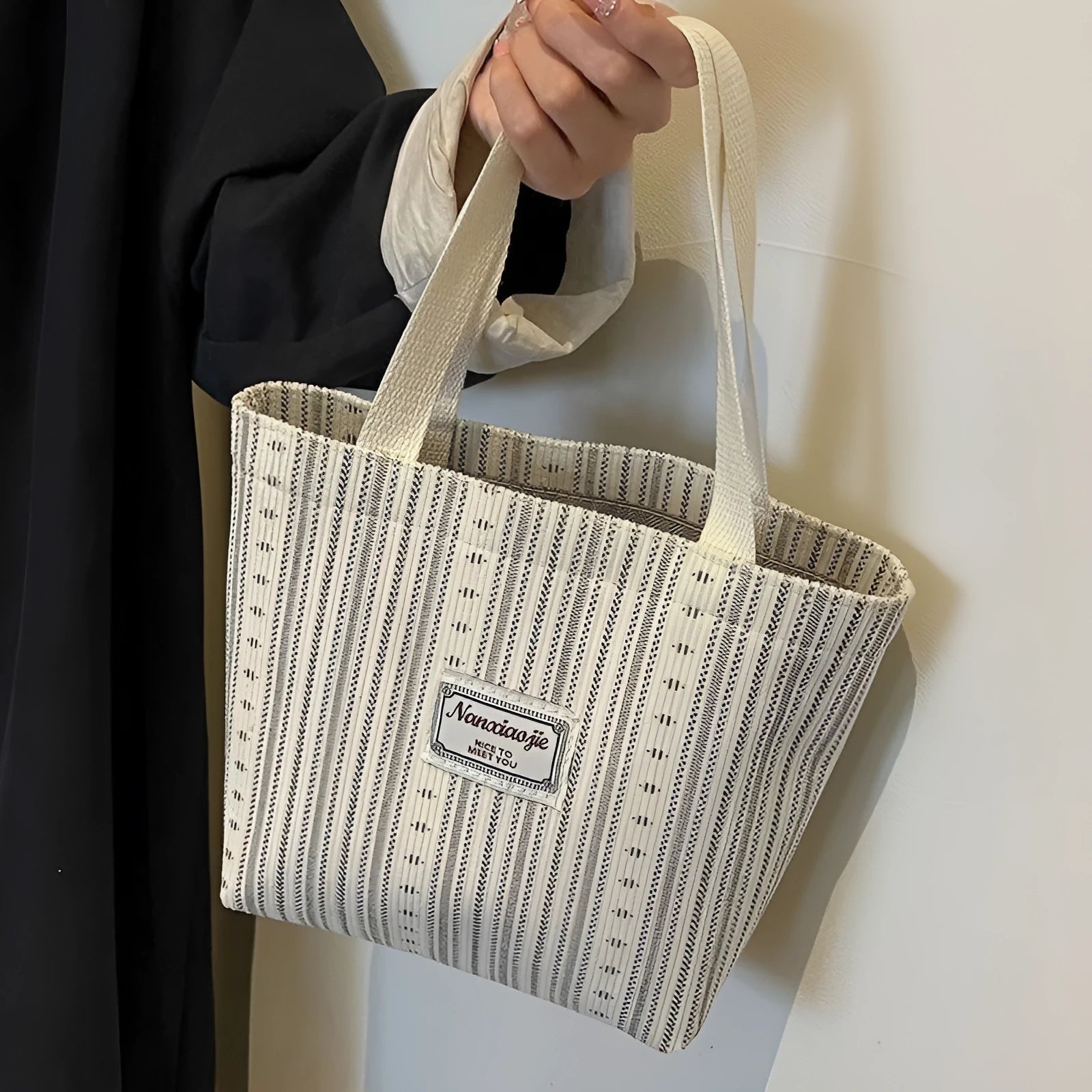 Japanese style corduroy handbag in ivory white, grey, or dark brown with large capacity design