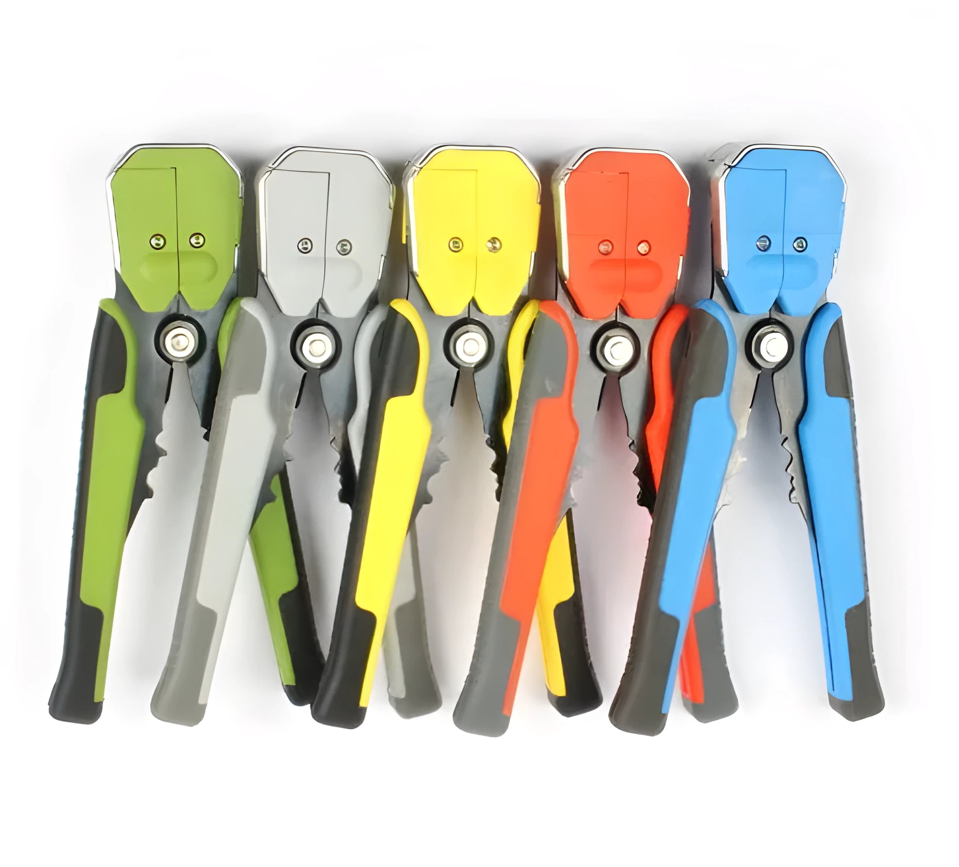 Yellow automatic wire stripper and crimping tool with self-adjusting jaws and integrated cutter
