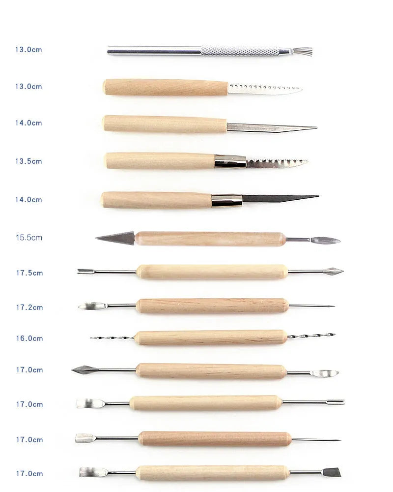 27-piece pottery clay sculpting tool set with stainless steel, wood, and plastic implements in roll-up storage bag