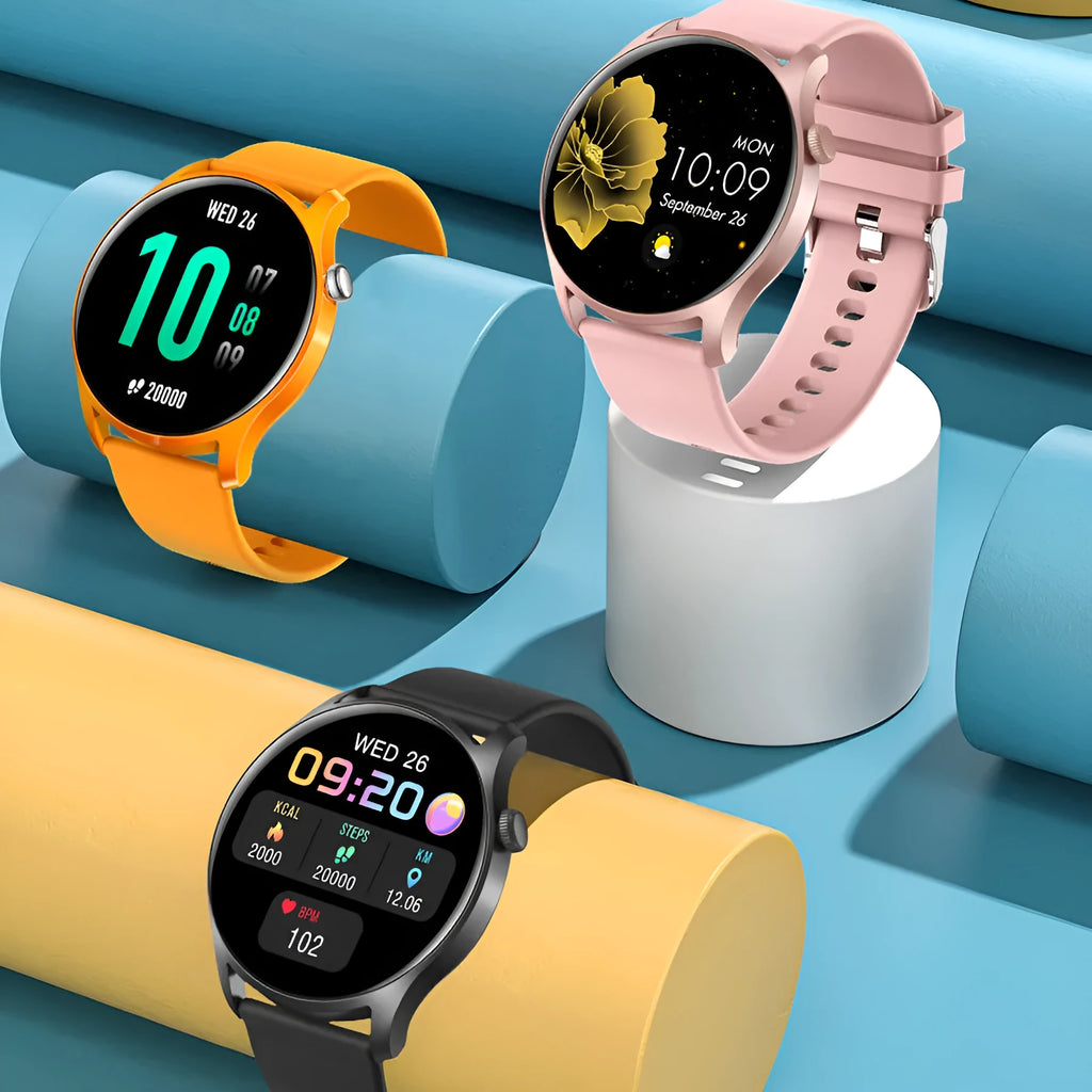 Smart watch with 1.3-inch screen displaying heart rate monitoring interface on silicone wristband
