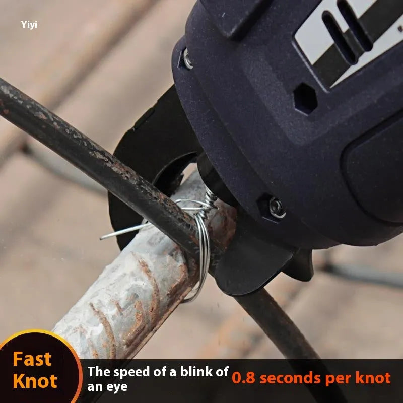 Fully automatic electric steel bar tying machine with battery and charger on a construction site.