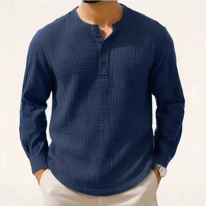 Cotton linen blend long sleeve shirt with 3/4 ruffle sleeves in slim fit pullover style