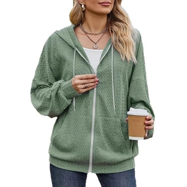 Green women's loose-fit hooded sweater coat with a full-length front zipper.