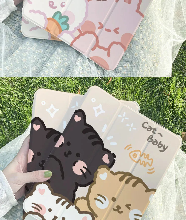 Silicone tri-fold iPad protective case with rabbit cartoon design, shown in stand mode.