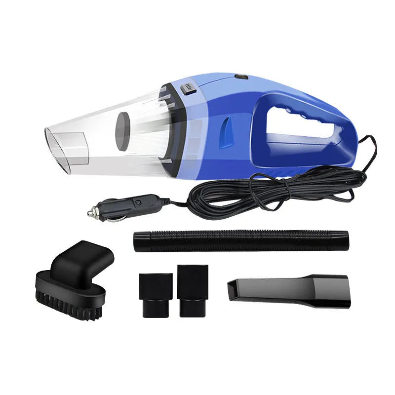 Orange handheld 12V car vacuum cleaner with nozzle attachments next to a car interior.