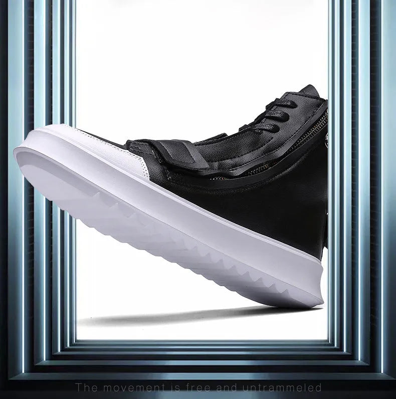 Men's black PU leather ankle boots in high-top sneaker style for winter wear