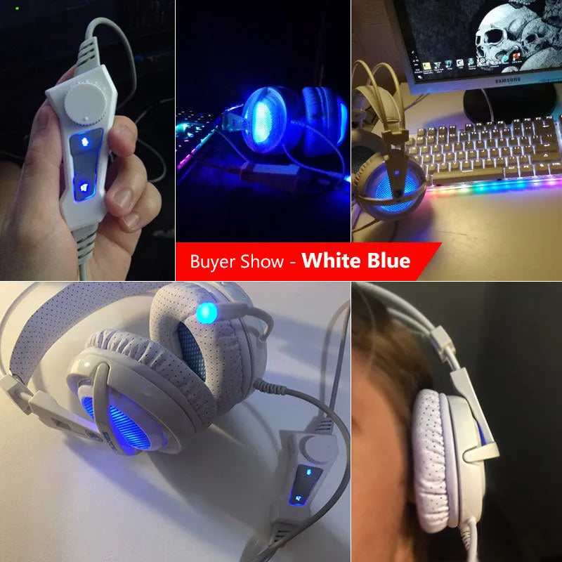 Black and white USB gaming headset with LED lights, over-ear cushions, and a padded headband.