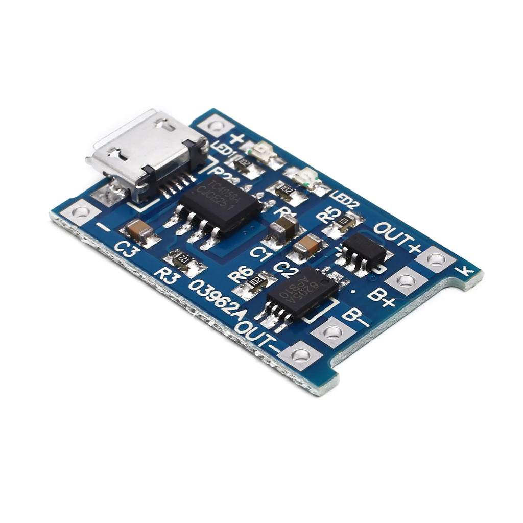 Blue lithium battery charging and protection circuit board measuring 2.6 by 1.7 centimetres