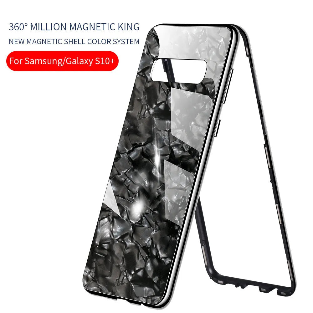Galvanized mobile phone protective cover with magnetic king plating shell and glass texture in black