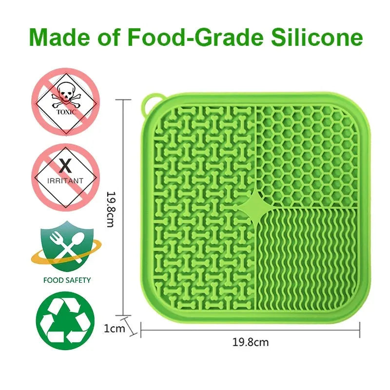 Blue silicone dog licking mat with suction cups on back, textured surface for slow feeding