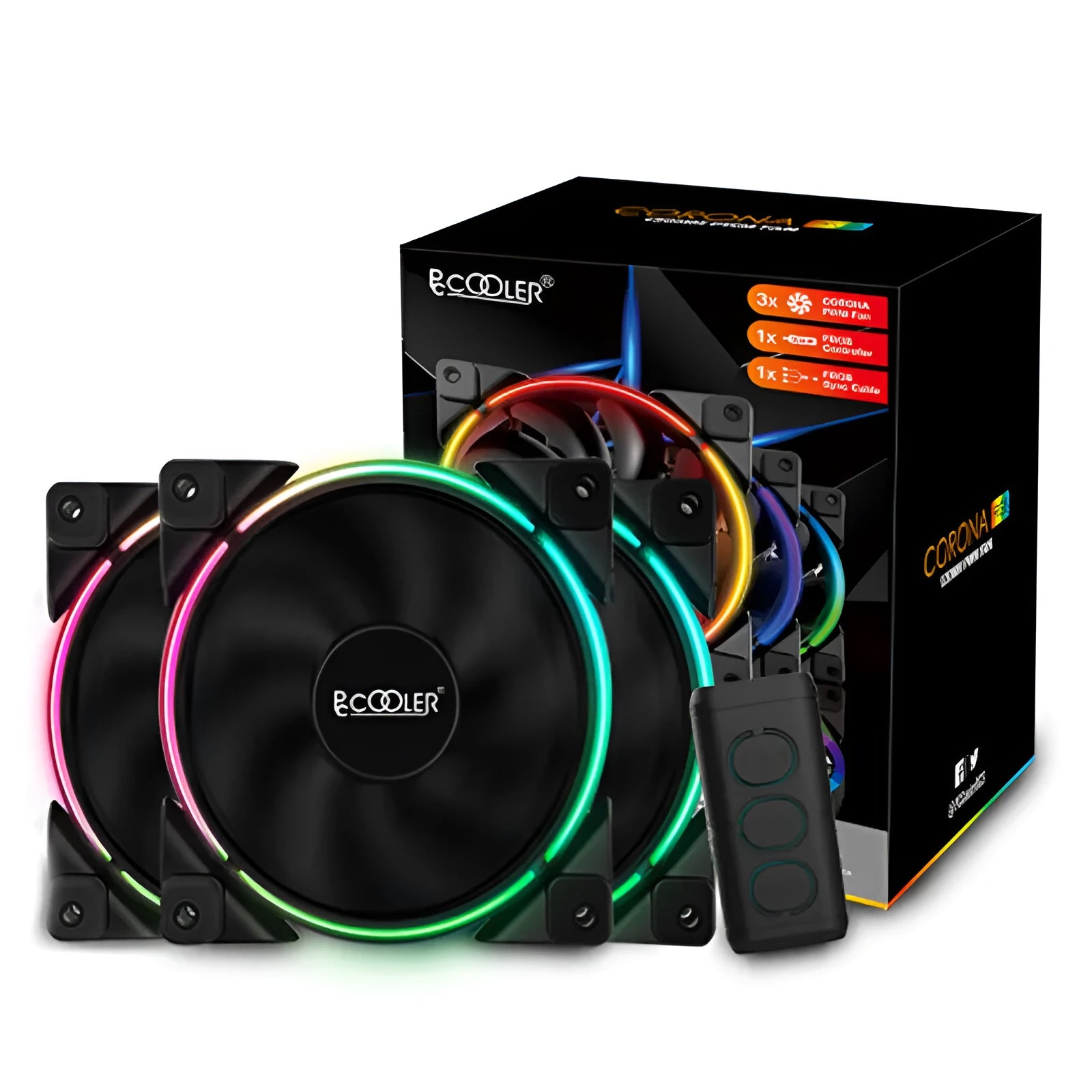Three black 120mm RGB computer case fans with illuminated blades and hydraulic bearing design