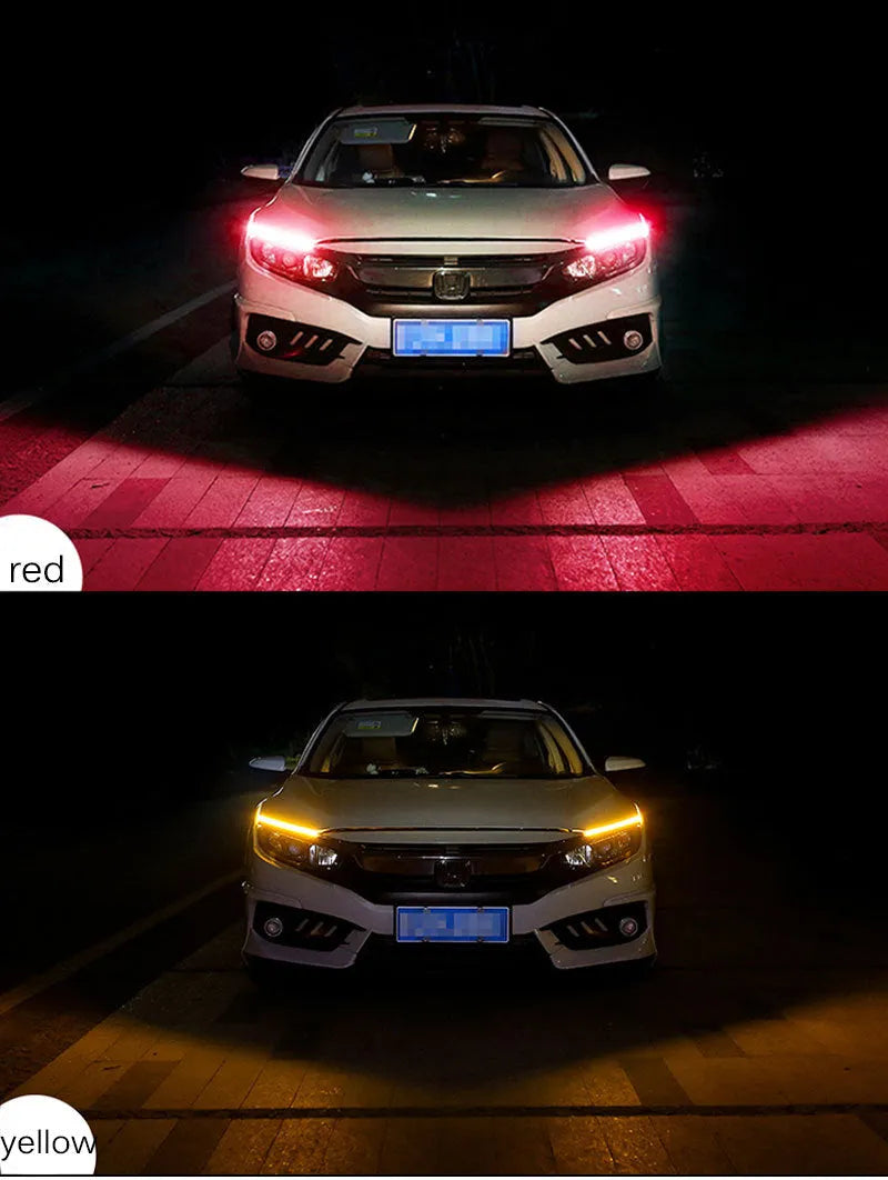Slim silicone car LED strip for daytime running lights and flowing turn signals on a vehicle headlight.