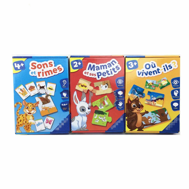 French educational puzzle toy for children with colourful picture and word cards