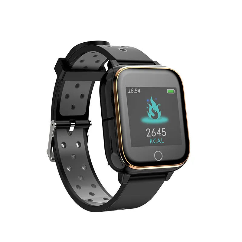 Black smartwatch with detachable Bluetooth earphones stored in the case showing a 1.4 inch screen