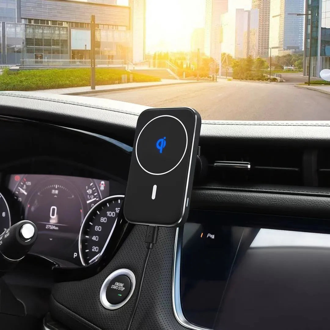 Black M6 magnetic wireless car charger bracket with USB connection for mobile phone mounting and charging