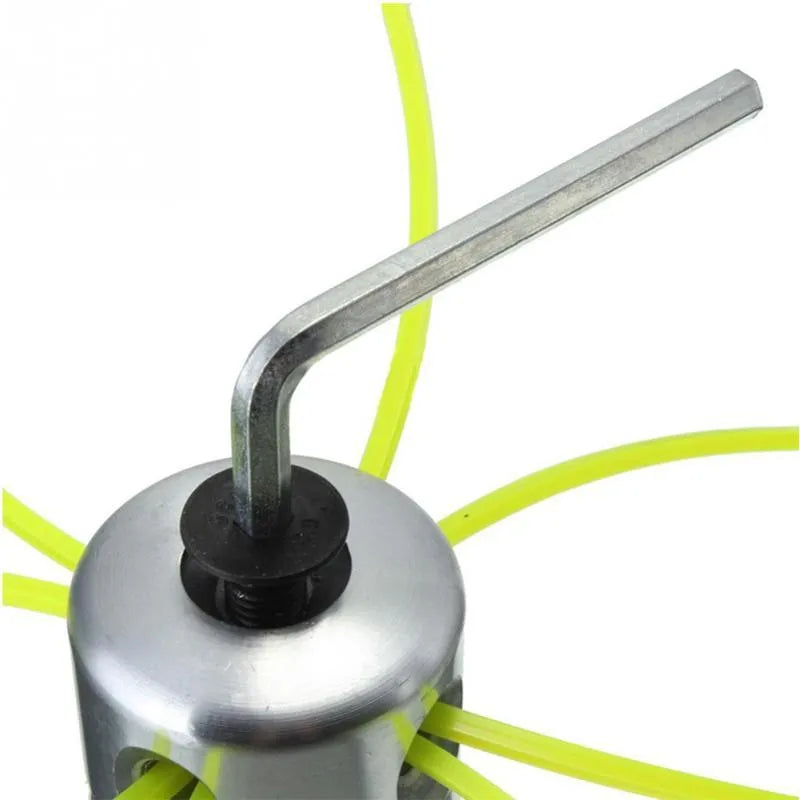Silver aluminium lawn mower grass trimmer head with four light yellow nylon cutting lines and wrench