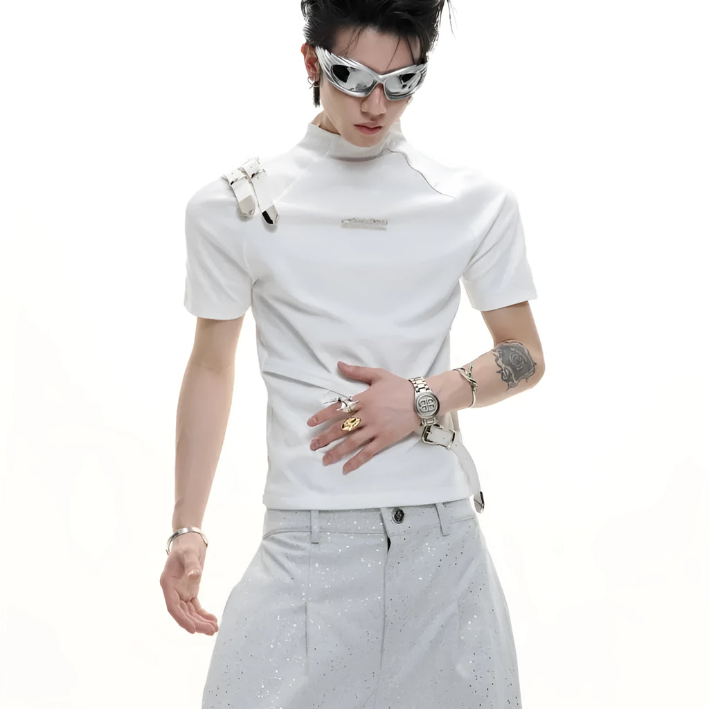 Men's slim fit black cotton T-shirt with a small stand-up collar and metal belt design detail on chest.