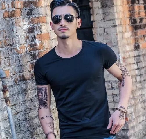 Men's lightweight bamboo fibre summer T-shirt on a hanger, showing colour options for black, blue, grey, green, red, and white.