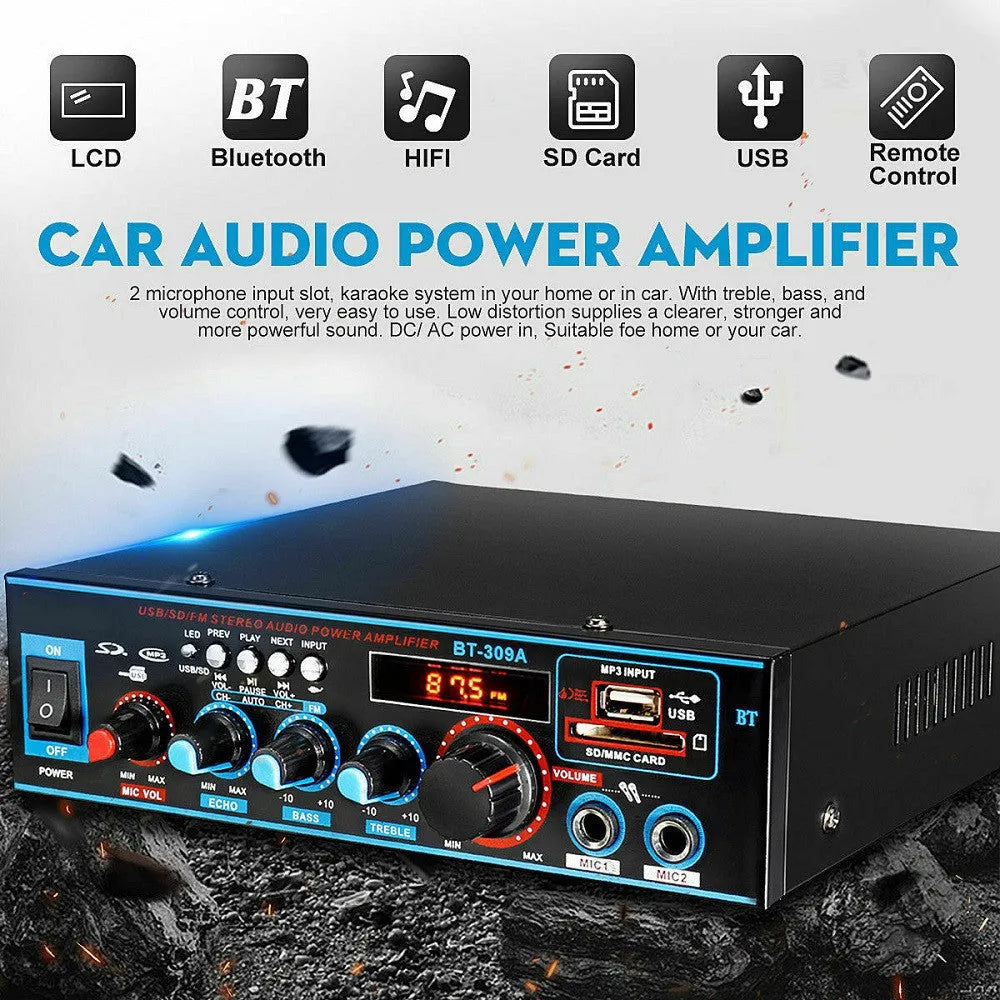 Black BT-309A-A dual-voltage stereo power amplifier with remote control for home and car audio.