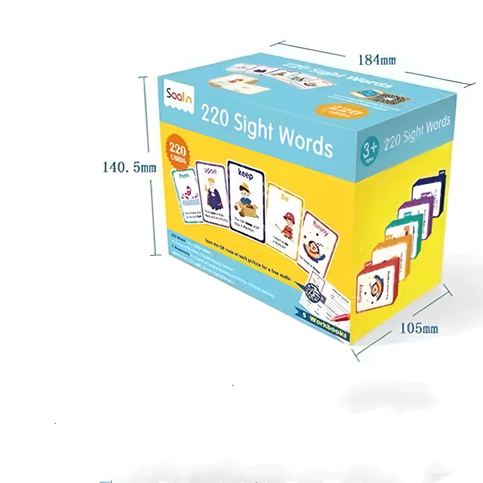 Early learning set showing stack of 220 high-frequency word flash cards and five phonics workbooks for children aged 3+.