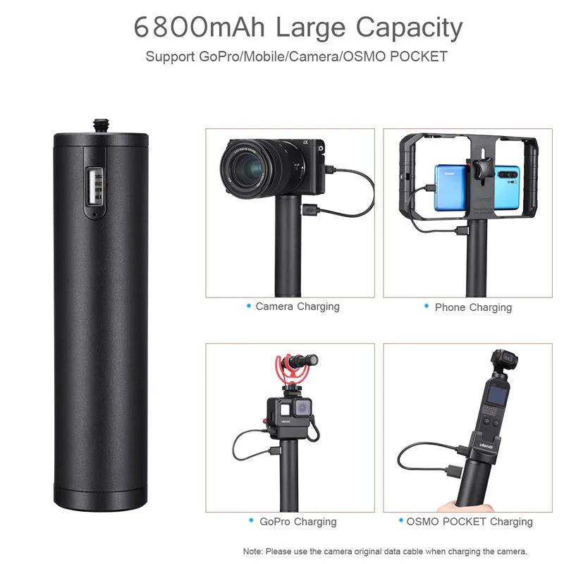Black aluminium alloy portable power bank with 6800mAh capacity and carrying handle