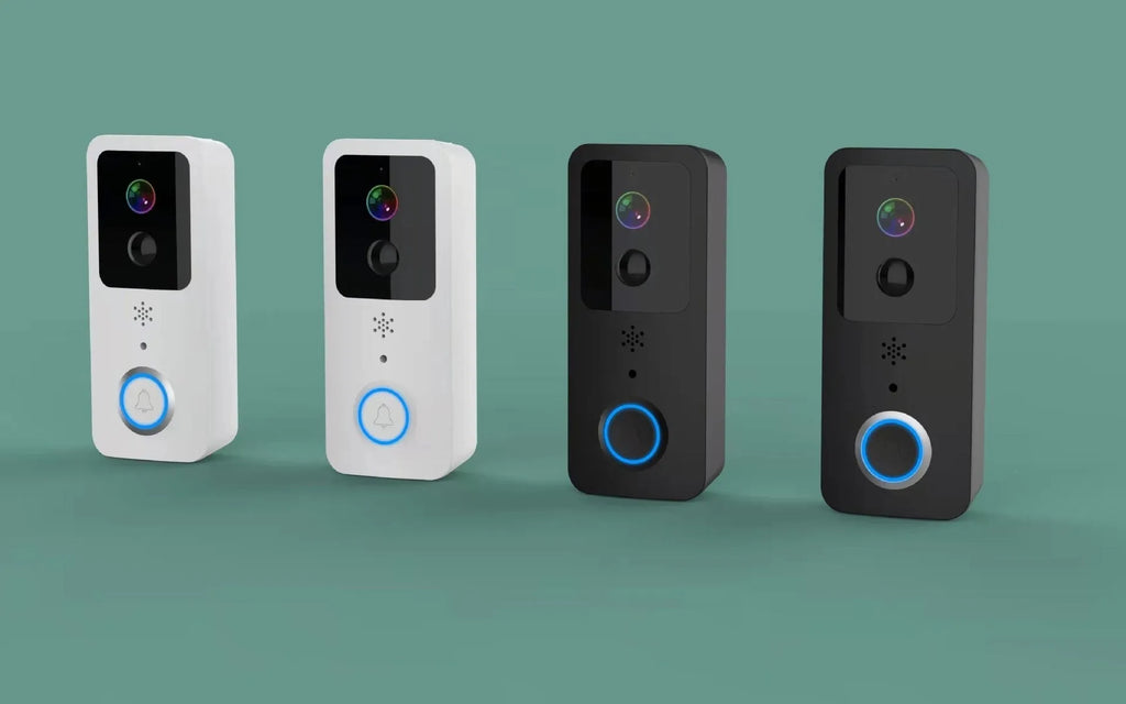 Black or white smart visual doorbell with camera, button, and waterproof casing for outdoor mounting.