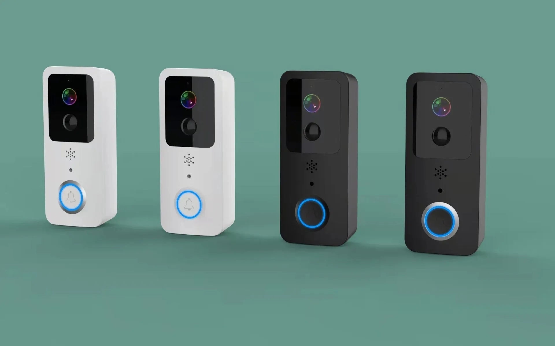 Black or white smart visual doorbell with camera, button, and waterproof casing for outdoor mounting.